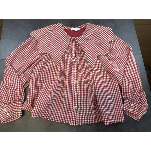 Karlie Tops - Karlie Red & White Gingham Lrg Oversized Peter Pan Collar Cottagecore Balloon Sl